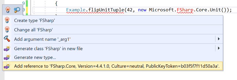 Screenshot of Visual Studio asking to add a reference to F# Core to use the unit type