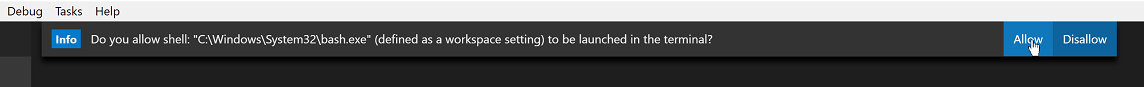 Screenshot of Visual Studio Code asking to use bash