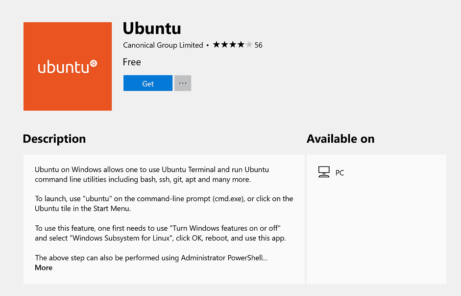Screenshot of Ubuntu in the Microsoft Store