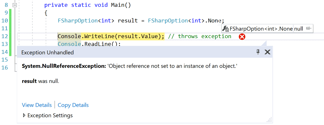 Screenshot of Visual Studio null reference exception when using none type