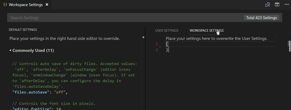 Screenshot of Visual Studio Code with the settings window open