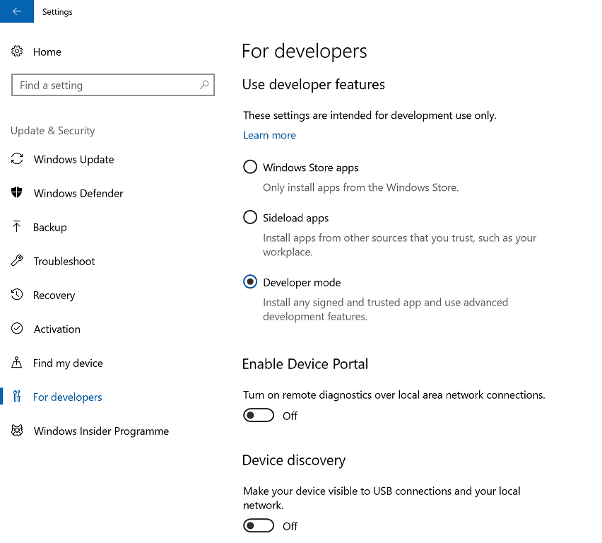 Screenshot of developer settings in Windows 10