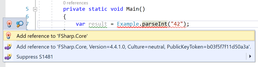 Screenshot of Visual Studio asking to add a reference to F# Core to use the option type