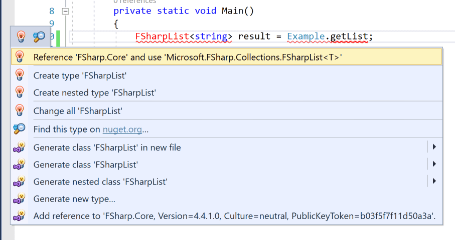 Screenshot of Visual Studio asking to add a reference to F# Core to use the F# list type