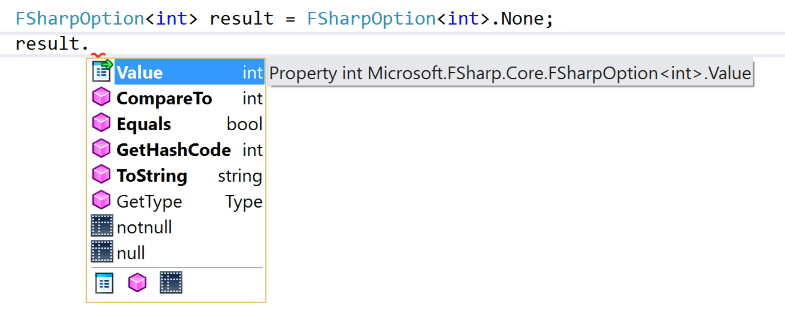 Screenshot of Visual Studio Intellisense when using an option instance