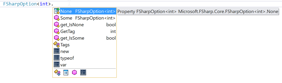 Screenshot of Visual Studio Intellisense when using an option instance