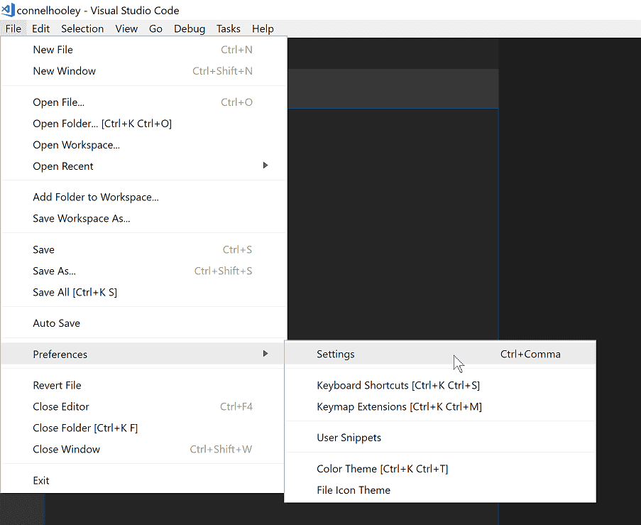 Screenshot of Visual Studio Code with the file menu open